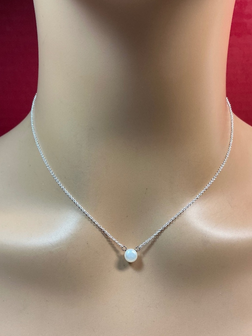 Sterling Silver Necklace with a Single Stationed Pearl. 16 inches long